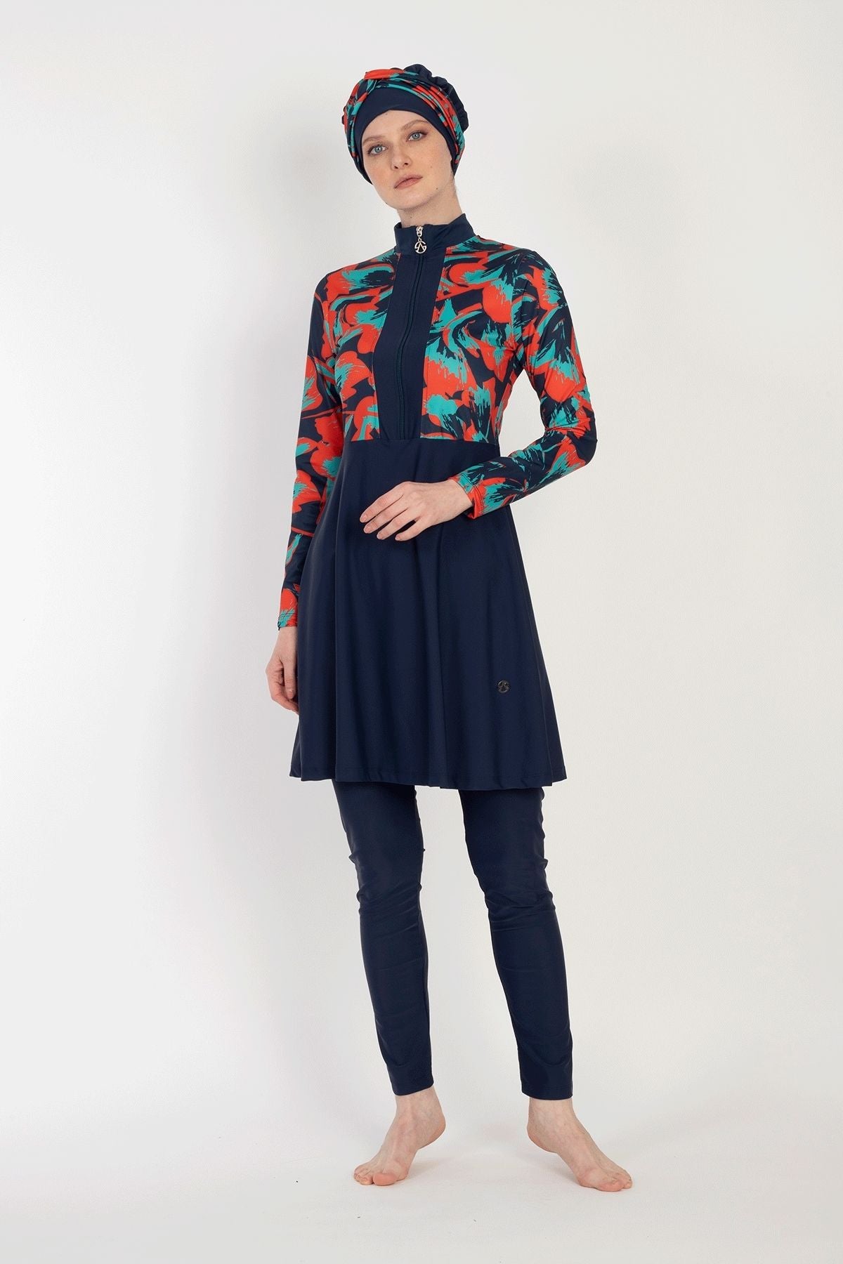 Allsea 6010 - volledig bedekkend marine blauw badpak met rood groen patroon