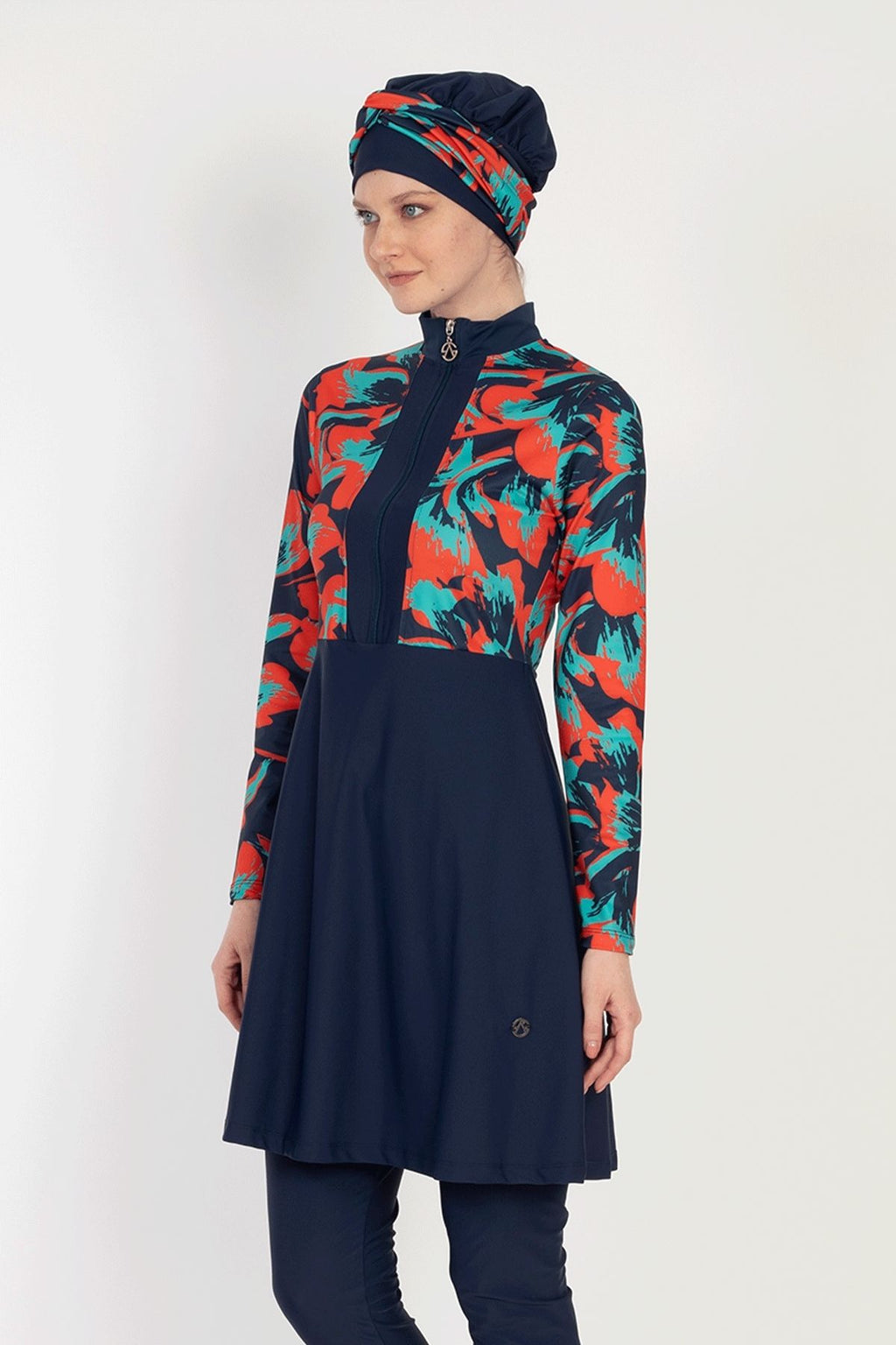 Allsea 6010 - volledig bedekkend marine blauw badpak met rood groen patroon