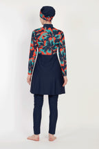 Allsea 6010 - volledig bedekkend marine blauw badpak met rood groen patroon