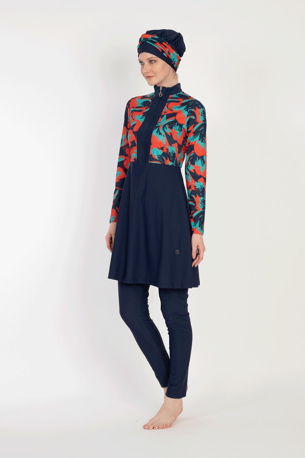 Allsea 6010 - volledig bedekkend marine blauw badpak met rood groen patroon