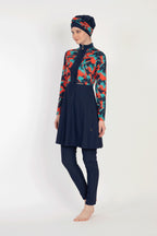 Allsea 6010 - volledig bedekkend marine blauw badpak met rood groen patroon