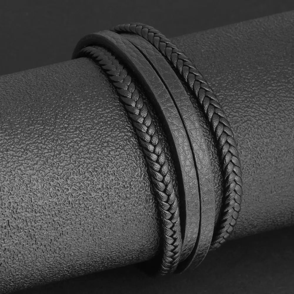 Bracelets & Bangles Men Stainless Steel Leather Bracelets Braided Rope Magnetic Clasp Male Bangles Jewelry New - BRO Webshop