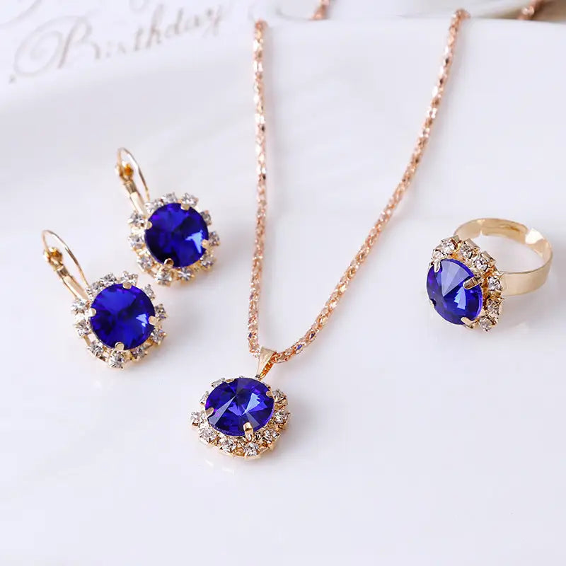 Europe and America fashion round crystal necklace earrings ring set hot jewelry jewelry wholesale jewelry wholesale - BRO Webshop