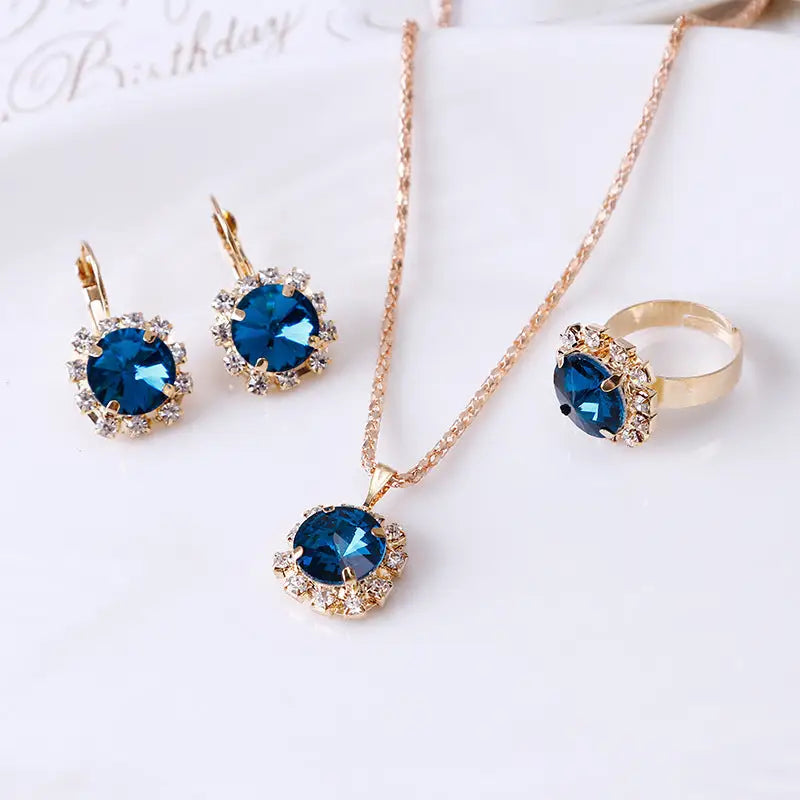 Europe and America fashion round crystal necklace earrings ring set hot jewelry jewelry wholesale jewelry wholesale - BRO Webshop