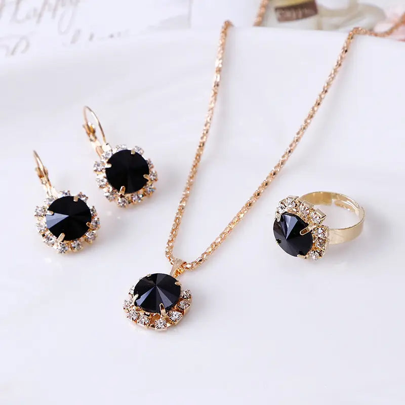 Europe and America fashion round crystal necklace earrings ring set hot jewelry jewelry wholesale jewelry wholesale - BRO Webshop