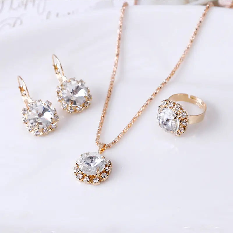 Europe and America fashion round crystal necklace earrings ring set hot jewelry jewelry wholesale jewelry wholesale - BRO Webshop