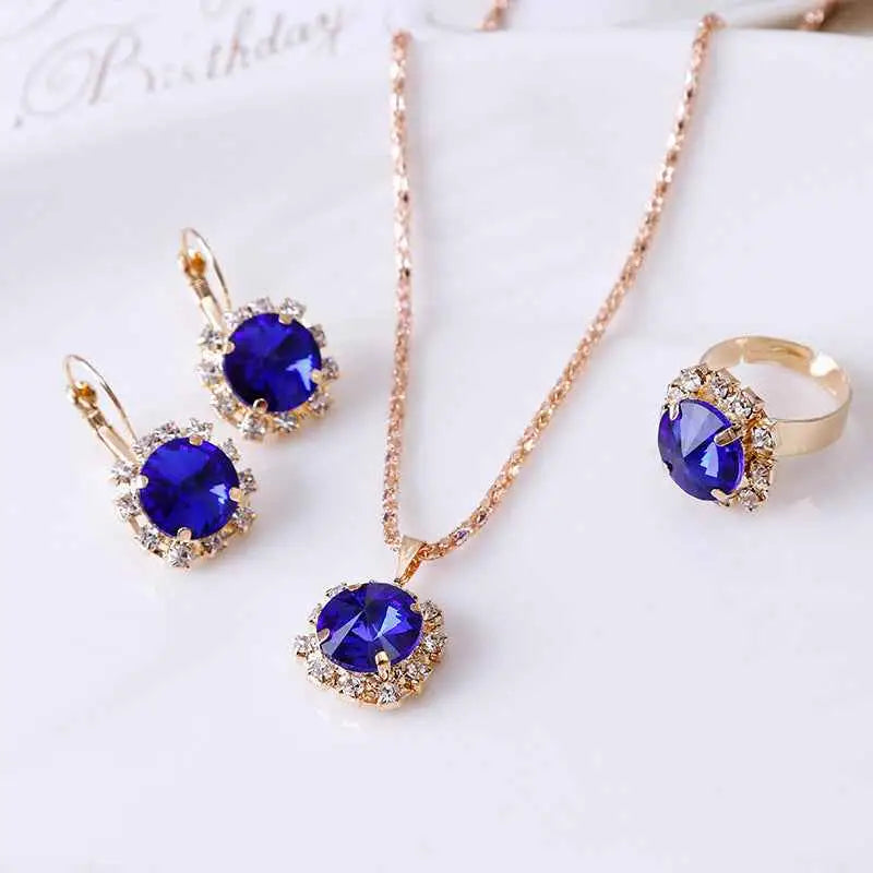 Europe and America fashion round crystal necklace earrings ring set hot jewelry jewelry wholesale jewelry wholesale - BRO Webshop