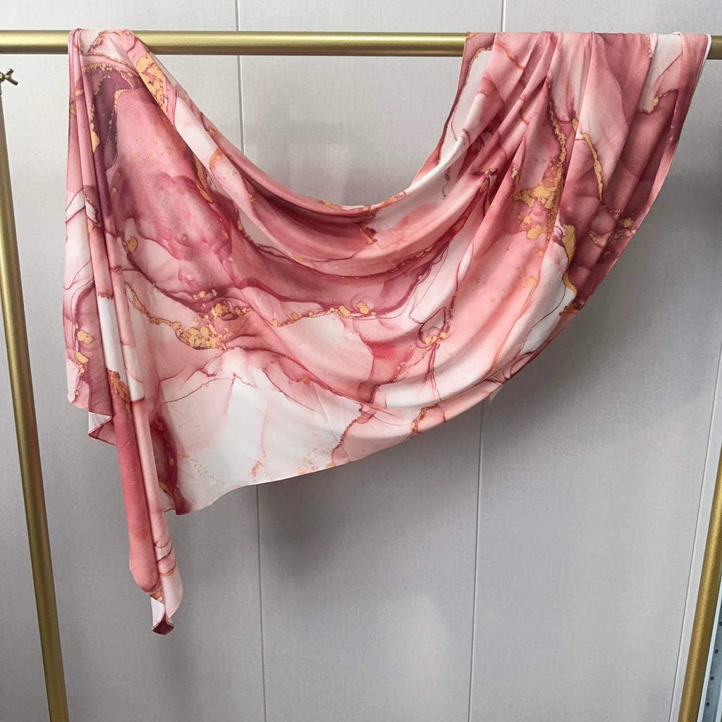Hijab met Aquarel Print van Katoen - #7 Marmer Roze